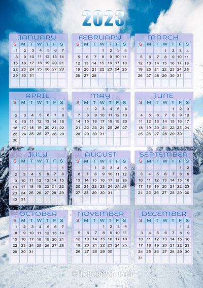 Printable 2023 Calendar with winter icy background