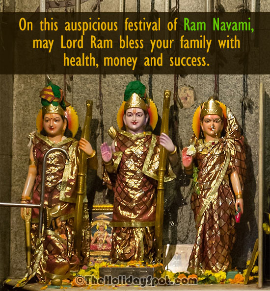 A Ram Navami card with a background of Shree Ram, Sita and Laxman