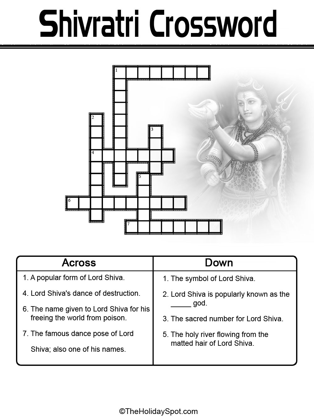 Shivratri Crossword Puzzle - Black and White