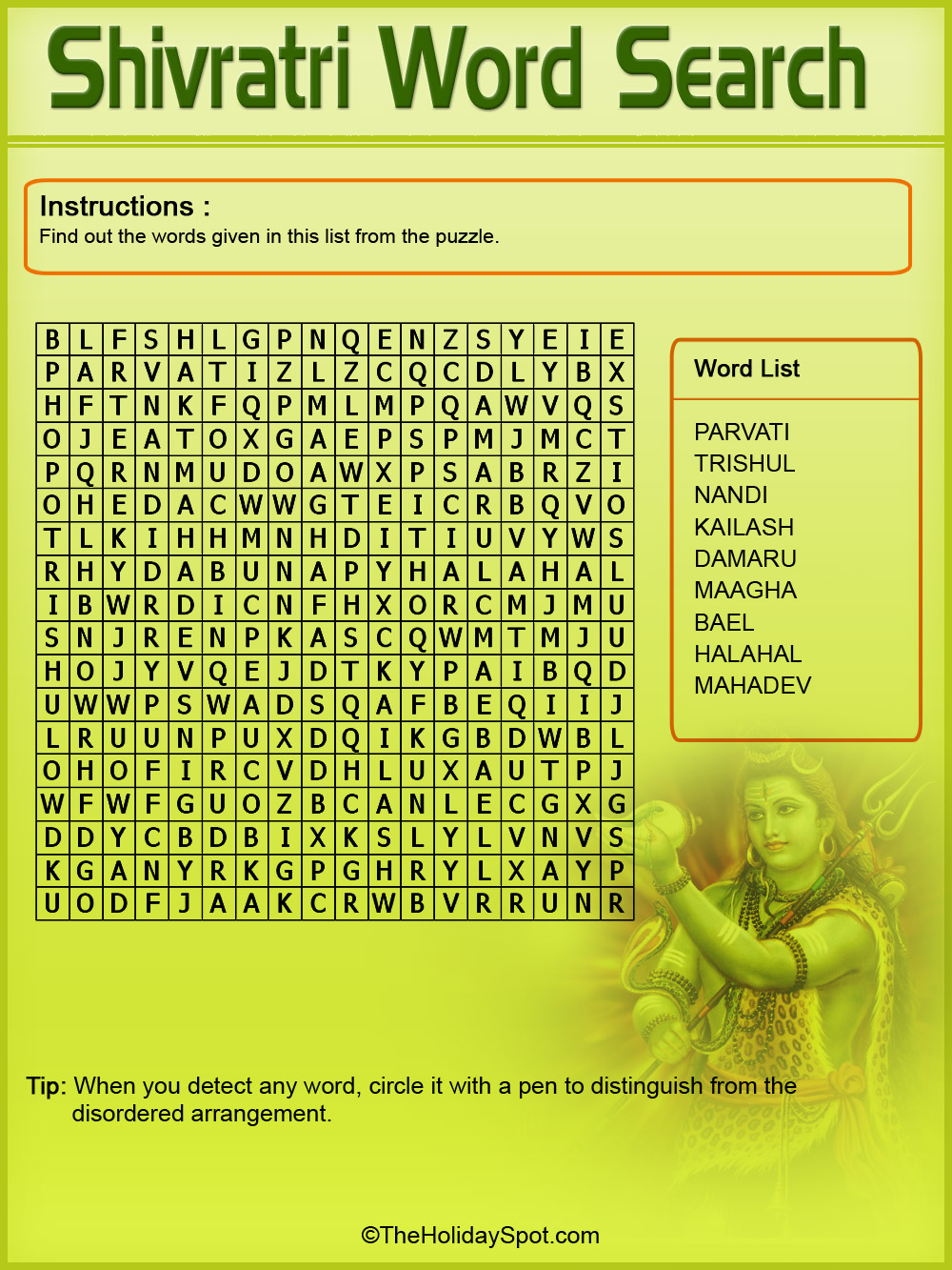 Shivratri Colored Word Search Puzzle