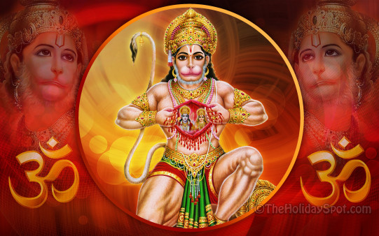 A beautiful HD wallpaper themed with the Hanuman showing Rama and Sita on his chest.
