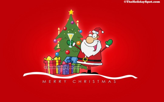 Santa with christmas gifts and christmas tree