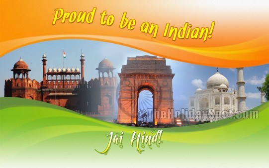 A wallpaper with the images of red fort, taj mahal and india gate.