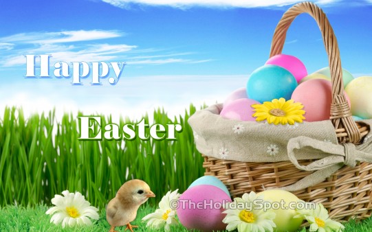 High Definition Colorful Easter wallpaper featuring Easter chick and Easter basket