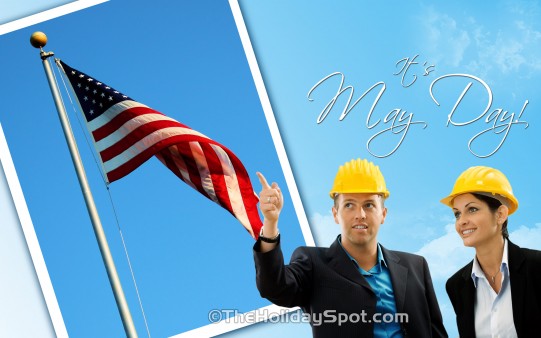 HD wallpaper featuring two workers celebrating May Day