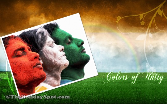 HD wallpaper with tricolor background, showing three patriotic Indians colored themselves in the color of India