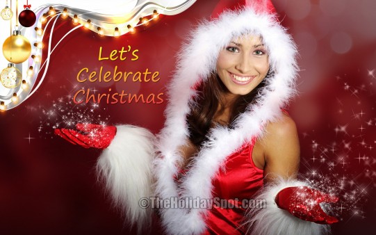 Download and set this Christmas wallpaper featuring a beautiful lady as a desktop background.