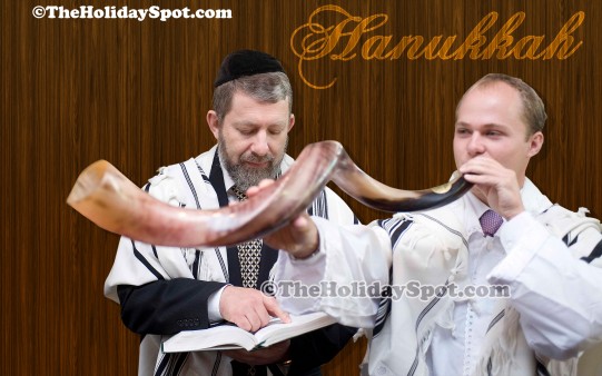 High definition picture of Rabbi blowing Shofar on Hanukkah festival.