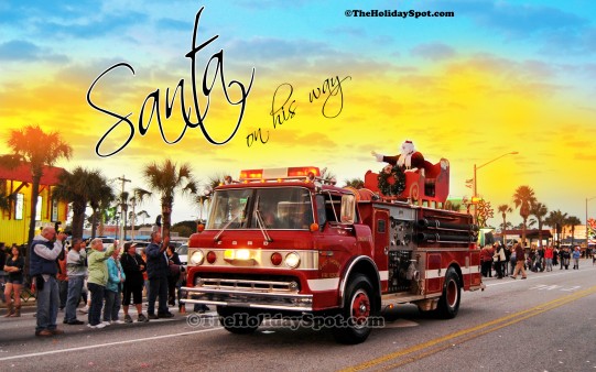 An exquisite illustration of Santa coming to town on a firefighter truck.