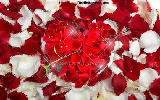 A 1080i resolution desktop illustration themed on love showing a heart made of rose petals.