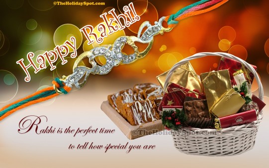 A HD Rakhi wallpaper featuring gifts and sweets for the occasion.