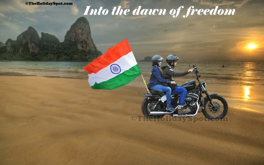 A high quality Indian Independence Day wallpaper featuring a couple riding on bike with Indian tricolor flag.