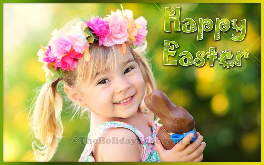 A eye catching image of girl with chocolate bunny in her hand in Easter wallpaper