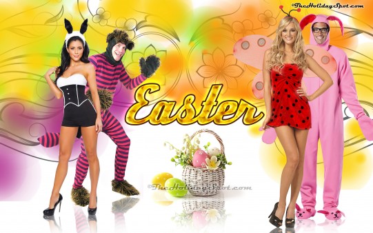 Boys and girls dressed in Easter costume in Easter desktop illustration.