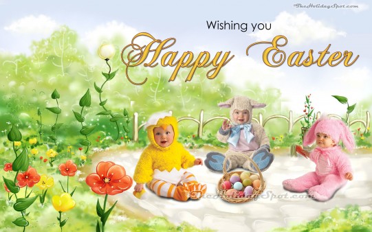 Three cute babies wishing Happy Easter .