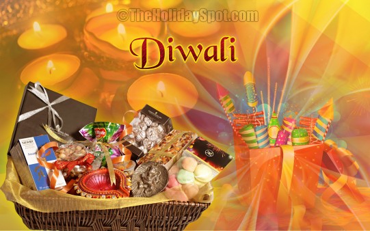 Download this Diwali wallpaper of gifts, diyas and fire crackers. Adorn your desktop of your PC with this colorful background or set it as your mobile theme.