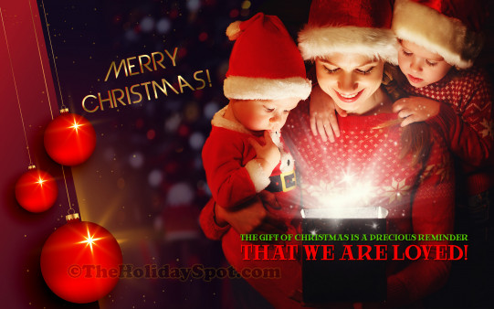 Download this HD colorful Christmas wallpaper themed with a mom opening gift with her children and adorn your background of your pc or your mobile phone.