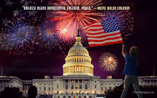 Download 4th of July wallpaper themed with fireworks and a little girl holding American National Flag.