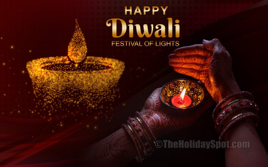 HD Diwali wallpaper themed with a diya in hand and an illustration of a golden diya.