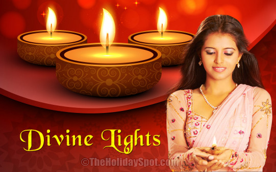 Download this Diwali wallpaper themed with 3 diyas and a beautiful wman holding a diya.