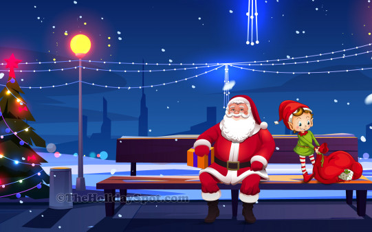 Download this wallpaper of Santa and an elf with Christmas gift and set it as your desktop or mobile background.