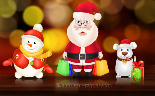 A 3D HD Christmas wallpaper featuring Santa, a dog and a snowman with Christmas gifts.